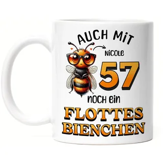 Kiddle-Design Personalisierte Tasse 57. Geburtstag - Flottes Bienchen ist 57-57ter Geburtstag Lustiges Geschenk Frau Frauen - Tasse Weiß