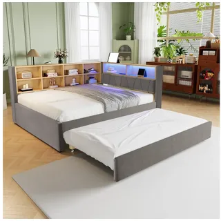 MODFU Schlafsofa Kinderbett mit USB-Steckdose und mehreren Ablagefächern, mit Ausziehbett 90x190 cm, Daybett Tagesbett mit USB-Steckdose & Stauraum, Polsterbett für Wohnzimmer & Gästezimmer 140x200 cm, ohne Matratze grau