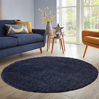 HomebyHome Shaggy Hochflor Teppich, 80 cm Rund, Marineblau, weich, flauschig, modern, einfarbig, Für Eingangsbereich oder kleine Nischen, für Wohnzimmer Schlafzimmer Flur