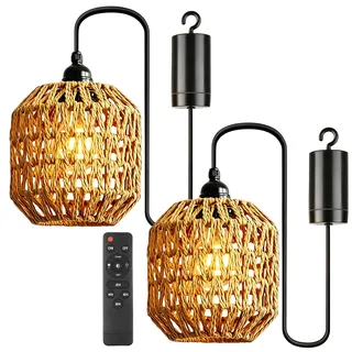GOMETY 2er Set Hängelampe mit Batterie, Dimmbar Fernbedienung Pendelleuchte Akku Hängeleuchte Deckenlampe ohne Strom Batteriebetriebene Innen Außen Laternen für Boho Outdoor Garten Balkon Flur Deko