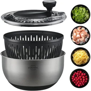 SILBERTHAL Salatschleuder Edelstahl 4,5l groß & rutschfestem Boden - Salad Spinner mit Kurbelantrieb & Stopptaste - BPA-frei & Spülmaschinenfeste Schüssel