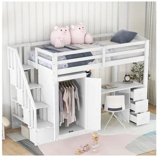 Odikalo Kinderbett Hochbett, Kleiderschrank Treppe Schreibtisch Schubladen, weiß, 90x200 weiß