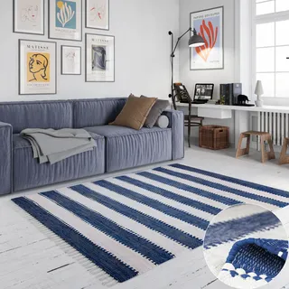 Teppich OTTO HOME "Benja", blau (blau, weiß), B:80cm H:10mm L:150cm, Baumwolle, Polyester, Teppiche, Teppich, Handweb Teppich, gestreift, 90% Baumwolle, handgewebt, mit Fransen