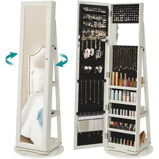 SONGMICS Schmuckschrank mit Spiegel, 360° Drehbar, 3 Ablagen, Abschließbar | Schmuckkasten Groß, 55 x 55 x 160 cm, Ketten Aufbewahrung für Schlafzimmer, Tintenschwarz und Weiß, BERIT Kollektion, JJC62WT