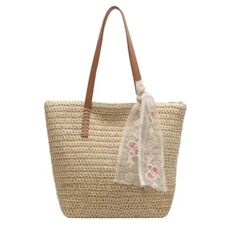 Comebachome Gewebte Strandtasche, große Kapazität, Stroh-Einkaufstasche, glatter Reißverschluss, Stroh, Strand mit Band, schmücken Taschen für Frauen, Sommer, Reisen, Einkaufen, Gartendekorationen - Einheitsgröße