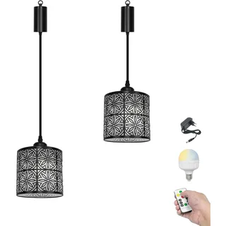 FSLiving Dimmbare Hängelampe mit Batterie Innen,2er-Satz Metall Hängeleuchte Batteriebetriebene Lampe, Pendelleuchte ohne Strom Stromanschluss für Küche Nachttischcafé,Schwarz XDD468TB