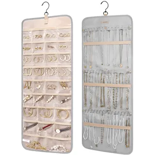 bagsmart Schmuck-Organizer zum Aufhängen, Aufbewahrungsrolle mit Aufhänger, Metallhaken, Doppelseitiger Schmuckhalter für Ohrringe, Halsketten, Ringe an Schrank, Wand, Tür, 1 Stück, Groß Grau