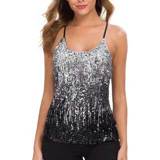 WILLIAMHUA Damen Pailletten Tops Glitzer Oberteile Sparkle Party Weste Ärmellos Tunika Weste Damen Sequin Tank Top (L, Schwarz) - L