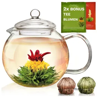 Creano Thermoflasche Teekanne aus Glas 1,3l - 2 Teeblumen - mit Edelstahl-Sieb + Deckel