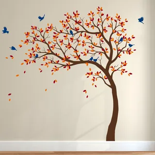 Großer Baum Wandaufkleber Kinderzimmer - Baum Aufkleber mit Vögeln, Äste nach links, Vinyl Wandsticker Wandtattoo - Braun, Hellorange, Dunkelrot, Blau
