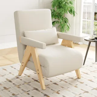 Merax Schlafsessel mit Bettfunktion, Schlafsofa 3 in 1 Klappsessel mit Verstellbarer Rückenlehne, Kissen - Metallrahmen & Leinen - für Wohnzimmer/Schlafzimmer/Büro, Beige