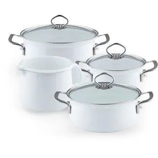Riess, 0584-033, Familien-Set Emaille Töpfe 5-teilig, NOUVELLE - ARCTICWEISS, 2 Fleischtöpfe 16/20 cm, 2 Kasserollen 16/20 cm und ein Schnabeltopf 12 cm, Emaille,