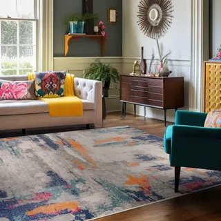 Carpeto Teppich Wohnzimmer 140x200cm Blau Abstrakt Weich Pflegeleicht Weiß