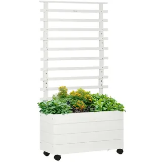 STILVORA Hochbeet Pflanzkasten mit Rankgitter auf Rollen 76x30x155 cm Weiß aus Massivholz mit Stoffauskleidung für Terrasse Garten und Hof