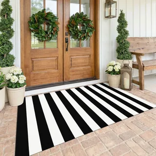 Schwarz und Weiß gestreifter Teppich, 122 x 182 cm, Baumwolle, gewebt, waschbar, Retro-Gitter-Streifen, Outdoor-Teppich, für Bauernhaus, Wohnzimmer, Esszimmer, Schlafzimmer