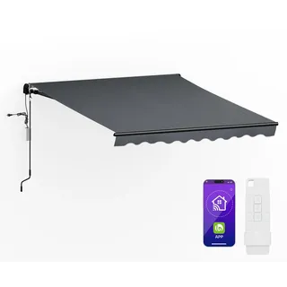 Blumfeldt CloudShade Markise – Elektrische Gelenkarmmarkise mit App & Fernbedienung, UV 30+ & Regenschutz, Einstellbarer Neigungswinkel, Aluminiumrahmen, Einfache Wandmontage, 250 cm Breit, Dunkelgrau