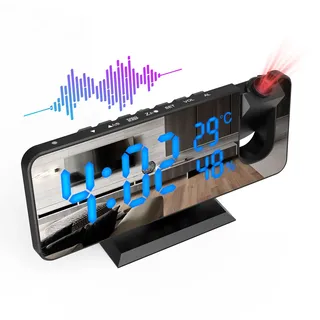 ShinePick Projektionswecker, Digital Wecker mit Projektion, Radiowecker mit USB-Anschluss Snooze, 180° Projektor 12/24H Temperatur Luftfeuchtigkeit 4 Projektionshelligkeit