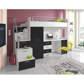 Compleo Jugendbett Etagenbett mit Schreibtisch und Treppe, Schrank und Schreibtisch MOES, für Jungen und Mädchen, Hochbett schwarz
