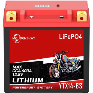 MOUDENSKAY Lithium Motorrad Batterie 12V Lithium YTX14-BS 6AH 600CCA 76.8WH | LiFePO4 Technologie,BMS Schutz und Anzeige,für Motorräder,ATV,UTV.Ultraleicht,Wartungsfrei,Perfekter für Blei-Säure-Batterien