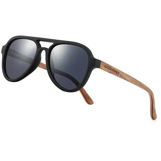 WOODONLY Pilotenbrille Holz Polarisierte Sonnenbrille - Klassische Hölzerne Shades für Herren und Damen Perfekte Geschenke (Schwarz+Walnuss) - 53mm