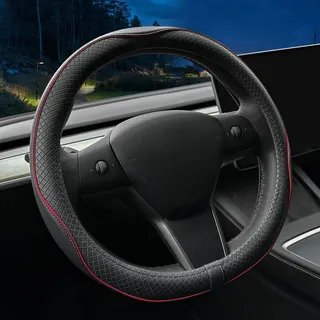 LKWLIKEI Lenkradbezug aus Nappaleder, ultradünn, für Tesla Model 3/Y Lenkradhülle, rutschfestes Design und Innenmodifikation von Autozubehör (Schwarz und Rot)