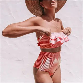 JBIVWW Hohe Taille Bikini Badeanzug Frauen Rüsche Bademode Striped Bikini Set Off Schulter Bandeau Badeanzug Sommer Beachwear (Color : Red, Size : L)