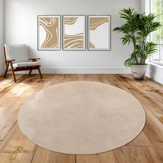Teppich-Traum Moderner Teppich Rund Weich Waschbar Uni Beige Ø 160 cm | Weich und pflegeleicht, bis 30 °C waschbar, langlebig, schadstofffrei, OEKO-TEX geprüft, Wohnzimmer, Esszimmer & Flur