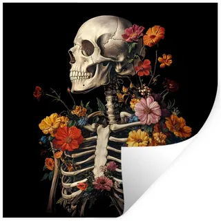 MuchoWow Wandsticker Skelett - Blumen - Totenkopf - Farbenfroh (1 St), Wandaufkleber, Selbstklebend, Wohnzimmer, 30x30 cm bunt 30 cm x 30 cm x 0.1 cm