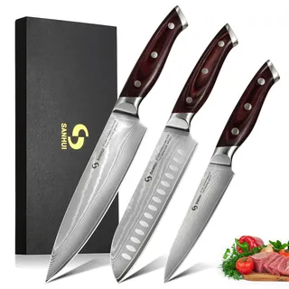 SANHUI 3er Damastmesser Set,Küchenmesser Set aus 67 Lagen Damaststahl | Pakkaholzgriff,Profi Damast Messer Set in Geschenkbox – Ideal für Profiköche und Hobbyköche