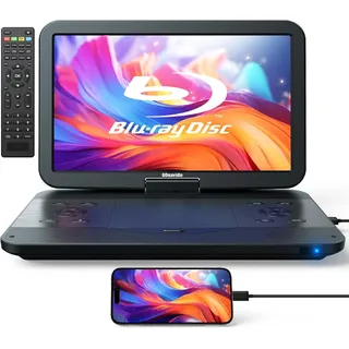 GOnavidio 15,4 Zoll Tragbarer Blu Ray DVD Player Mit HDMI Kabel, 270 ° drehbar HD 1920x1080, Blue Ray Player Tragbar Inklusive wiederaufladbarem 5 Stunden Akku USB/SD