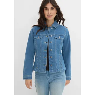 Jeansjacke BONPRIX, Damen, Gr. 44, blau (hellblau denim), Denim/Jeans, Obermaterial: 82% Baumwolle, 17% Polyester, 1% Elasthan, Abriebeffekte, unifarben, bequem, 1-Knopf-Manschette, Jacken Jeansjacke, bequeme Passform, mit Brust- und Eingriffstaschen