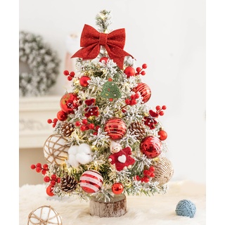 EXQUILEG Künstlicher Mini Weihnachtsbaum, 45cm/60cm Tischplatte Weihnachtsbaum, Kleiner Tannenbaum Für Tisch Mit LED-Lichterketten Und Sieben Dekorationen (Rot,60cm)