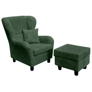 luma-home schönes für dein zuhause Ohrensessel Cordstoff 90 x 98 x 76 cm Grün mit Hocker und Zierkissen