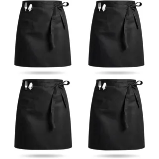4 Stück Schwarz Vorbinder Schürze, 68 x 70cm Kellnerschürze Servierschürze Lang Kochschürze Grillschürze mit Tasche für Gastronomie Arbeits Küche Restaurant Grill Cafe Bar Bistro Garten Backen - 70 × 68 cm