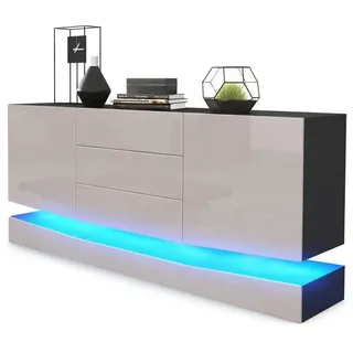 Vladon Sideboard City (Kommode mit 2 Türen, und 3 Schubladen inkl. LED-Beleuchtung), Schwarz matt/Sandgrau Hochglanz (178 x 72 x 38 cm) grau