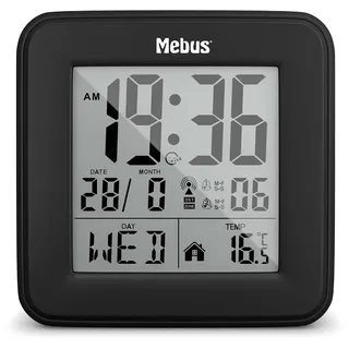 Mebus digitaler Funk-Wecker mit Thermometer, Beleuchtung und Kalender, kompakt & stabil/Farbe: Schwarz/Modell: 25595