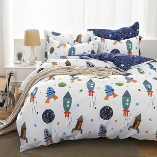 Qucover Bettwäsche Kinder 135x200cm Baumwolle Kinderbettwäsche Rakete bettwäsche mit Reißverschluss Wendedesign Weiß Blau Rakete Sterne Planeten Muster mit Kissenbezug 80x80cm
