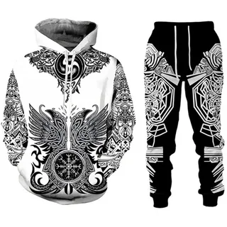 IPOVOQ Herren Trainingsanzug Set Viking Warrior 3D gedruckt Hoodie und Jogger Hose Anzug Zweiteiliges Set Casual Kapuze Sweatshirt Set - 6XL