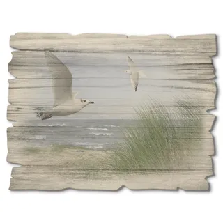 ARTland Wanddeko Bild aus Holz Holzbild vintage Deko 40x30 cm Querformat Strand Möwen Nordsee Küste Meer Gräser Düne Maritim J5QH