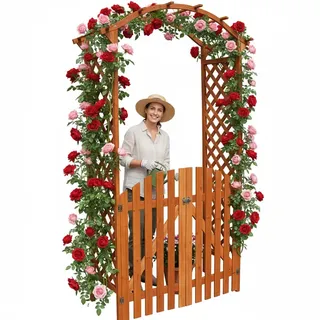 Melko Rosenbogen aus Holz Braun Rankgitter Laubengang Torbogen mit Tor Halbbogen Spalier Rankhilfe für Kletterpflanzen Gartenbogen Pergola