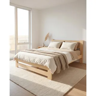 EcoBeds EKO Holzbett 160x200 cm Kiefer Massivholz bis 200 kg | Natur Unbehandelt - Doppelbett, Bettgestell mit Lattenrost und Stauraum, für Erwachsene, robust, einfache Montage
