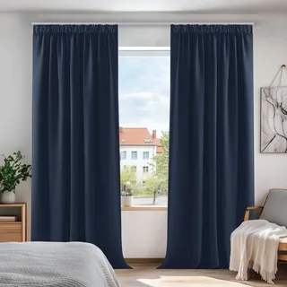 Deconovo Blickdicht Vorhänge Verdunkelungsgardinen mit Kräuselband Thermovorhang, 220x140cm(HöhexBreite), Dunkelblau, 2er Set