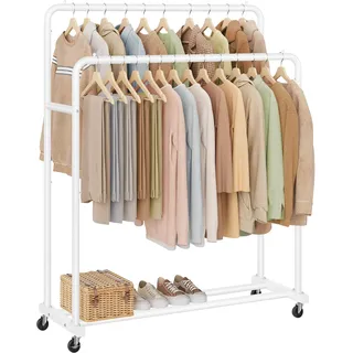 Songmics Kleiderständer, Kleiderstange auf Rollen, bis 90 kg belastbar | Garderobenständer, 2 Rollen mit Bremse, Schlafzimmer, mattweiß, 46,5 x 110 x 155,5 cm, PATAYE Kollektion HSR017WG01