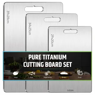 3Stück Titan Schneidebrett, Edelstahl Schneidbretter BPA-frei Lebensmittel | Doppelseitiges Titanium Cutting Board für Küche, Fleisch, Brot, Gemüse & Obst, Spülmaschinenfest