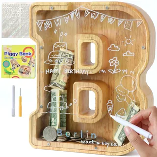 Lakpopya Spardose für Kinder Jungen Mädchen Sparschwein Kinder Spardose Personalisiert Durchsichtig Spardose Buchstabe Holz A-Z mit Zielbereich & Aufkleber & Marker, Taufe Geschenk Dekoration (B)