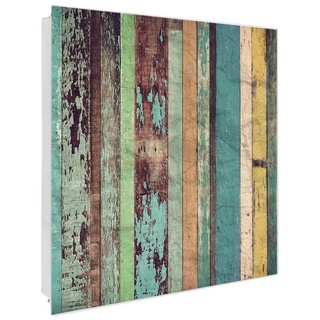 banjado Schlüsselkasten Glas Bunte Bretterwand (Stahl Gehäuse, mit 50 Haken), 30 x 30 x 5 cm weiß