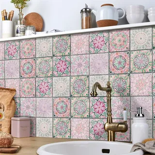 Fliesenaufkleber Rosa Grün Mandala Mosaikfliesen Vinyl Klebefliesen Wohndekoration Fliesenaufkleber Bad Wasserdicht Fliesenaufkleber Küche Ölfest Fliesenfolie 24 Stück/10x10cm