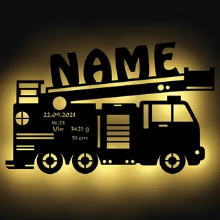 Namofactur Feuerwehr Kinder LED Lampe mit Namen personalisiert für das Kinderzimmer Wand-Nachtlicht I Batteriebetrieben