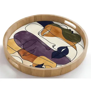 OnlyWow Tablett Rund mit Henkel Abstrakt - Überlappende Gesichter - Lila - Dunkelgrün, Eichenholz, (1-tlg), Servierbrett Groß, Tischdeko, Platte, Tisch Deko 50 cm x 50 cm x 5 cm