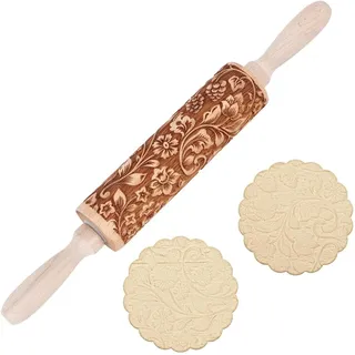 SSyang Teigroller, Nudelholz, Muster Prägerolle Holz Weihnachten Präge, 35 * 4.5 CM 3D Holz Nudelholz Teigroller mit Weihnachten Motiv Muster Blumen, für DIY, Küche, Plätzchen Nach